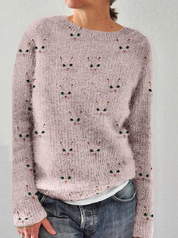 Jolanda | Cozy sweater with a round neckline and a cute cat print