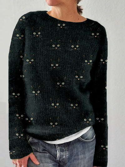 Jolanda | Cozy sweater with a round neckline and a cute cat print