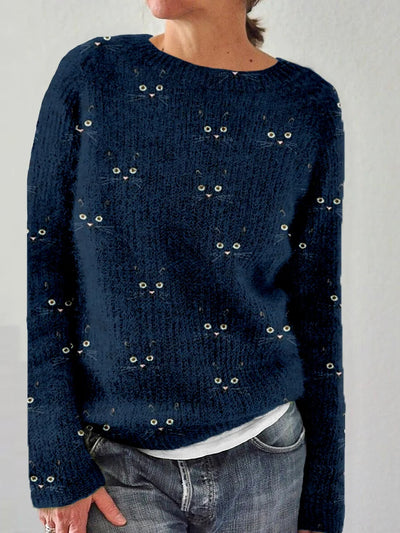 Jolanda | Cozy sweater with a round neckline and a cute cat print